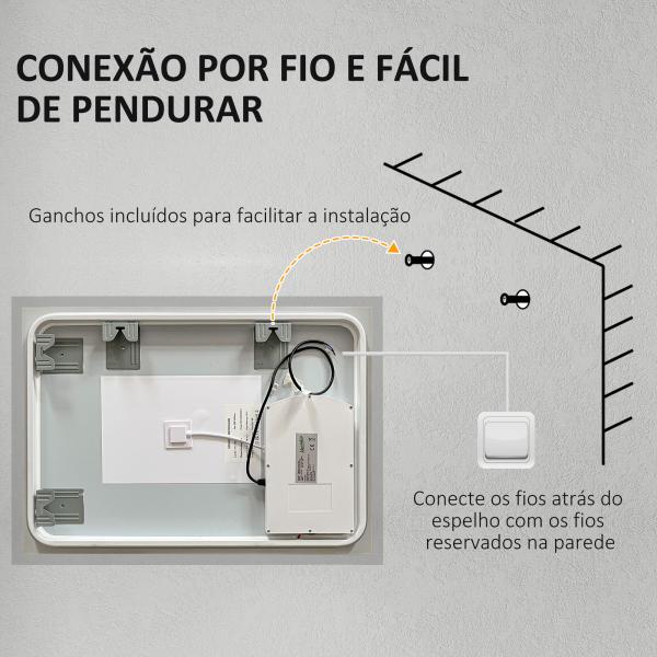 Espelho Casa de Banho com Luzes LED 80x60 cm Função Antiembaciamento 3 Cores Função de Memória e Interruptor Tátil Prata