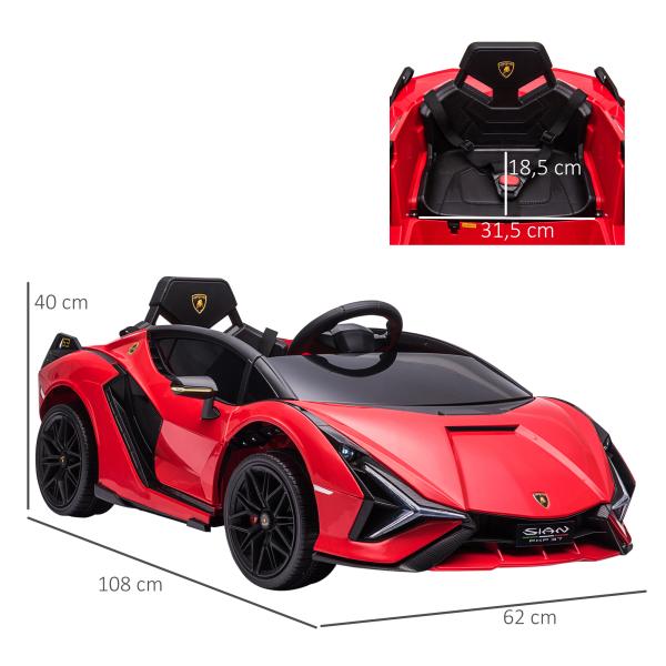 Carro Elétrico Lamborghini SIAN 12V para Crianças de 3 - 5 anos com Controle Remoto Abertura da Porta Música MP3 USB e Faróis 108x62x40cm Vermelho