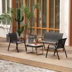 Conjunto de Jardim Exterior 4 Peças com 2 Cadeiras Empilháveis 1 Sofá de 2 Lugares e Mesa de Centro com Bancada de Vidro Temperado Preto