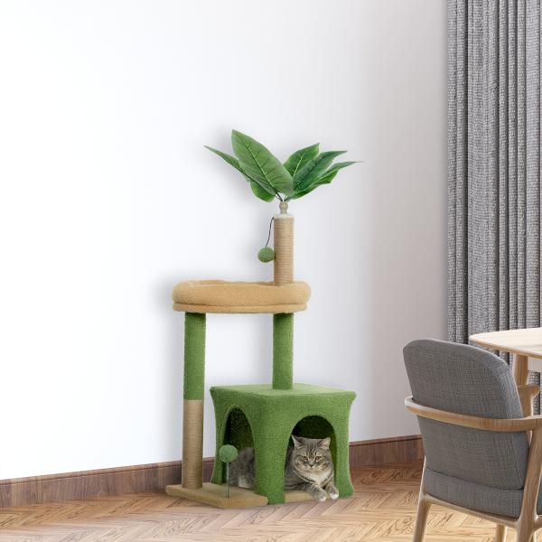 Árvore Arranhadora para Gatos 98 cm com Folhas Artificiais, Toca, Cama, Postes em Juta e 2 Bolas, Verde