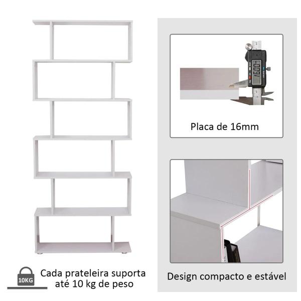 Estante Moderna com 6 prateleiras em forma de S Madeira 80 x 25 x 192 cm branco