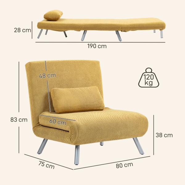 Sofá Cama de 1 Lugar Dobrável Estofado em Tecido Amarelo Mesclado com Encosto Ajustável em 5 Níveis 80x75x83 cm
