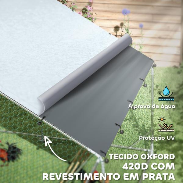 Galinheiro para Exterior 3x4 m Galinheiro de Aço Galvanizado com Comedouro Suspenso Tipo Espeto Poleiro Anti - UV Prata