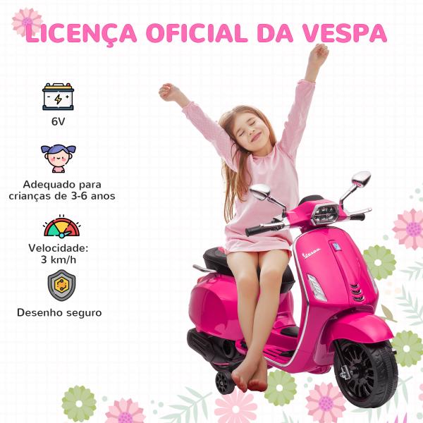 Moto Elétrica para Crianças com Licença Vespa 6V com USB MP3 Luz LED Rádio FM Velocidade 3 km/h 107x47x73 cm Rosa