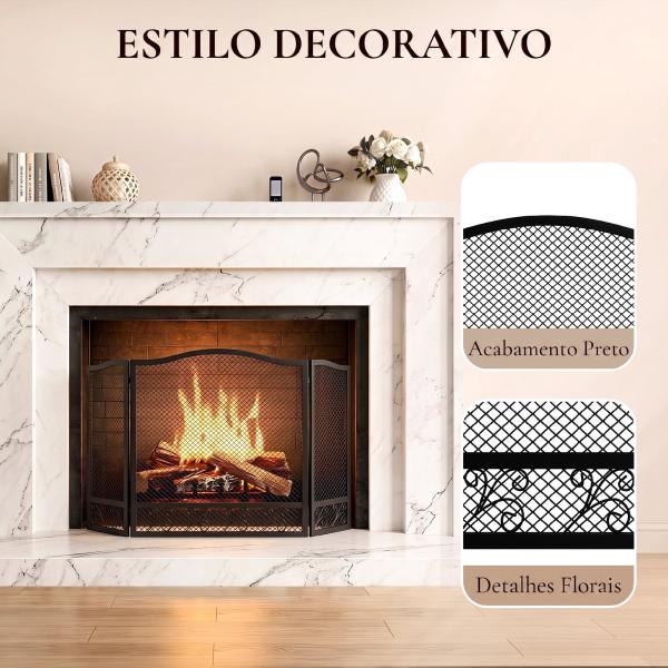 Resguardo Anti - Faíscas para Lareira Dobrável de 3 Painéis em Metal com Design Floral para Casa 107x60 cm Preto