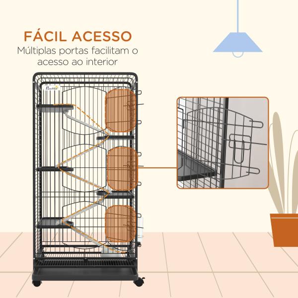 Gaiola para Pequenos Animais com 6 Níveis Gaiola para Roedores com Rodas Rampa e Bandeja Amovível 61,5x44x131 cm Preto