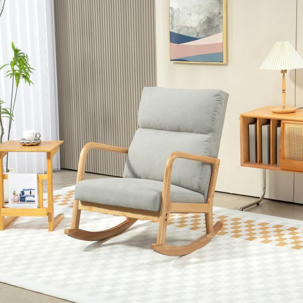 Poltrona Baloiço Estofada em Linho com Pés de Madeira de Borracha e Apoio para os Braços 65x87x94,5 cm Cinza