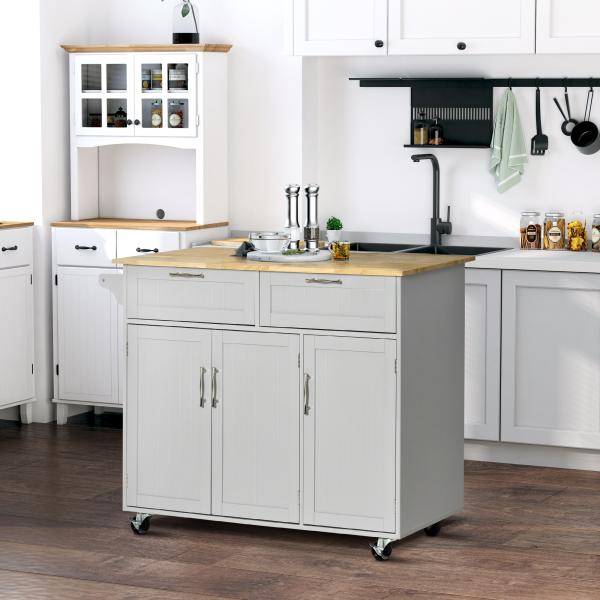 Carrinho de Cozinha com Rodas 2 Gavetas 3 Portas Prateleiras Ajustáveis e Barra para Sala de Jantar 121x46x91cm Cinza e Madeira