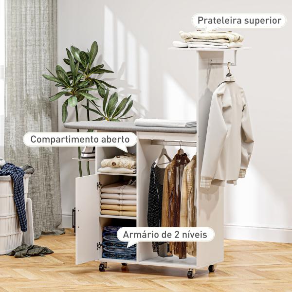 Móvel de Engomar Roupa com Rodas e Suporte Lateral Móvel com Tábua de Passar Barra para Roupa Prateleira 127,5x43,5x153 cm Branco