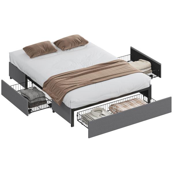 Cama de Casal 140x190 cm Estrado com 3 Gavetas e Estrutura Metálica Suporta 363 kg Cinzento