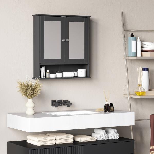 Armário de Casa de Banho com Espelho Armário de Parede com 2 Portas Prateleira Aberta e Ajustável 56x13x58cm Preto