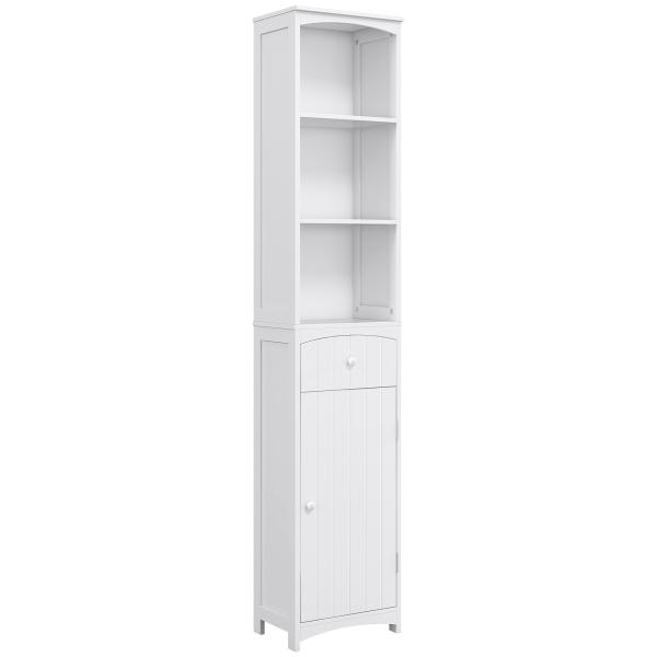 Armário de coluna multiuso branco para banheiro com prateleiras 34x24x170cm 3 prateleiras 1 porta e 1 gaveta