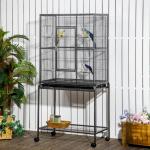 Gaiola para Pássaros com Rodas 81x48x162,5 cm com Bandeja 4 Poleiros 4 Comedouros e Prateleira Preto e Cinza
