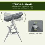 Baloiço Jardim de 3 Lugares com Toldo Ajustável Encosto Respirável e Estrutura de Metal Carga 240kg 171x108x154cm Cinza