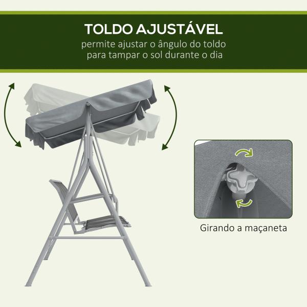 Baloiço Jardim de 3 Lugares com Toldo Ajustável Encosto Respirável e Estrutura de Metal Carga 240kg 171x108x154cm Cinza