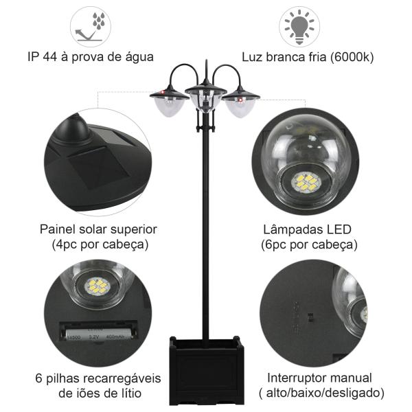 Candeeiro Solar de Jardim com 18 Luzes LED Branco Frio 6000K Impermeável IP44 Sensor de Noite e Base em Forma de Floreira Candeeiro de Exterior para Terraço Pátio 60x55x189cm Preto