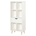 Estante para Livros com 6 Compartimentos Abertos 1 Gaveta e Pés de Madeira para Armazenamento de Brinquedos CDs Plantas 50x29,5x120cm Branco