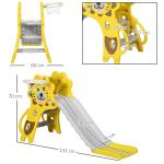 Escorrega para Crianças 2 em 1 com 2 Degraus Cesta de basquetebol e Desenho de Leão para Interior 131x50x74 cm Amarelo e Cinza
