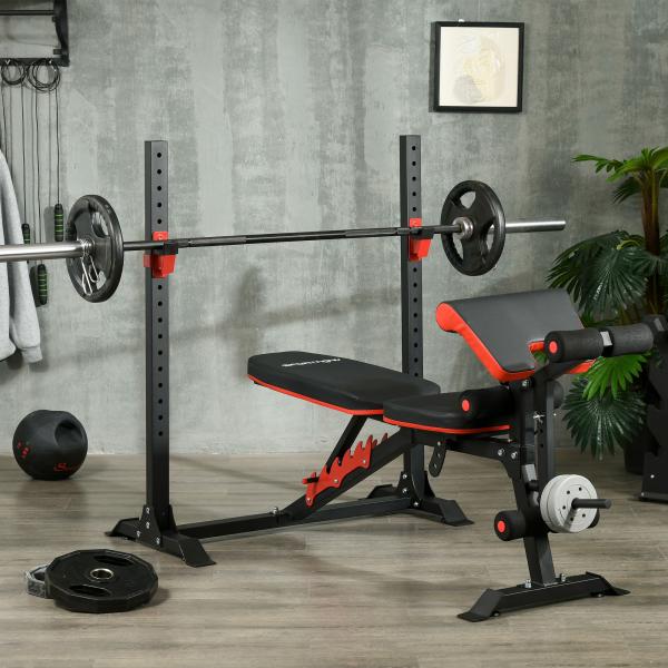 Banco de Musculação Multifuncional Banco de Pesos com Encosto Reclinável e Suporte de Barras Ajustável 180x110x126 cm Preto