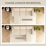 Sofá Chaise Longue Reversível de 3 Lugares Estofado em Veludo Estrutura de Aço Para Salas Pequenas Creme