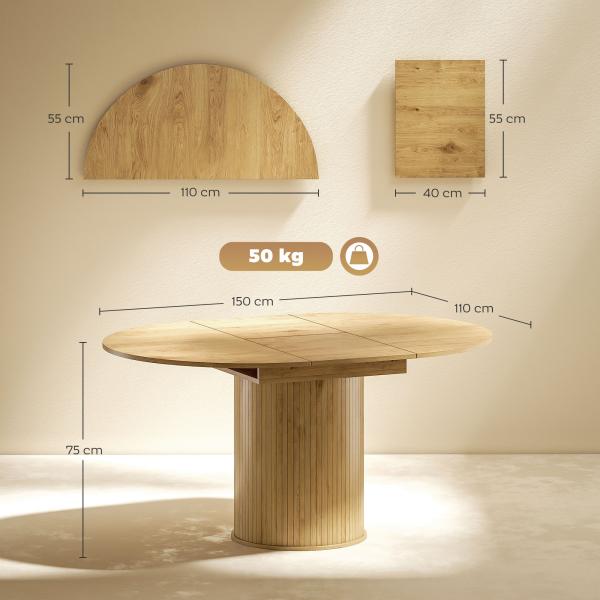 Mesa de Refeição Extensível Redonda para 6 - 8 Pessoas com Base Estriada para Sala de Estar 110 - 150x110x75 cm Madeira