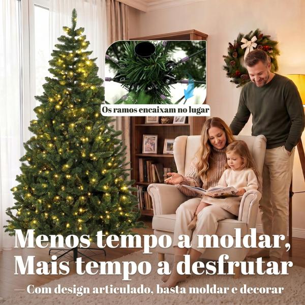 Árvore de Natal 210 cm com 350 Luzes LED, 11 Modos, Controlo Remoto e Base Dobrável em Aço, Verde