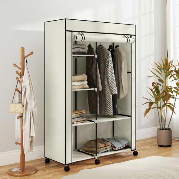 Roupeiro de Tecido Dobrável com 6 Prateleiras 1 Barra de Pendurar e Rodas para Dormitório Vestidor 103x43x162,5 cm Creme
