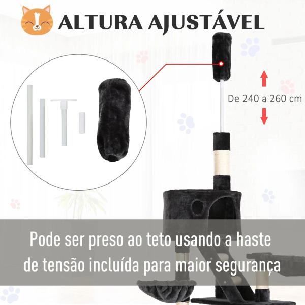 Árvore arranhador para Gatos com Altura Ajustável Plataformas Múltiplas Caverna Cestas e Escadas em Sisal Natural e Pelúcia 60x45x240 - 260 cm Cinza Escuro