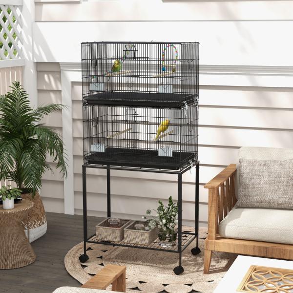Gaiola Dupla e Empilhável para Pássaros 77x46x164 cm com Rodas Poleiros Bandeja Amovível Comedouros Baloiço e Escada Preto