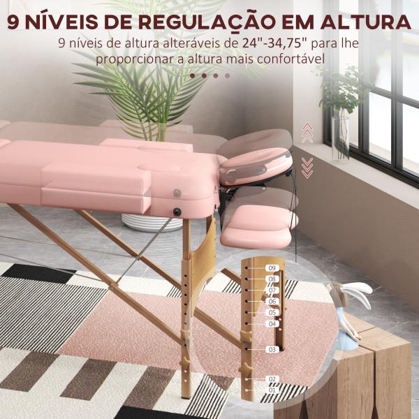 Marquesa de Massagem Dobrável Marquesa com Altura Ajustável Desenho Ergonómico 185x60x64 - 88 cm Rosa