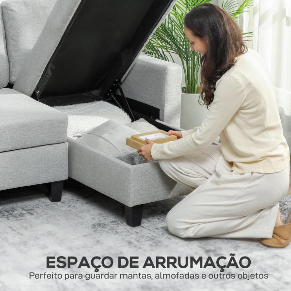 Sofá - Cama Chaise Longue de 3 Lugares Chaise Longue Reversível Ambos Lados com Armazenamento com Capas Removíveis 197x129x85 cm Cinza