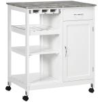 Carrinho de Cozinha com Rodas 1 Gaveta Prateleiras Suporte para 4 Garrafas e Armário Carga 40kg 76x48x88cm Branco e Cinza