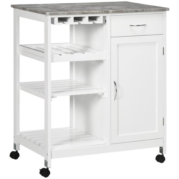 Carrinho de Cozinha com Rodas 1 Gaveta Prateleiras Suporte para 4 Garrafas e Armário Carga 40kg 76x48x88cm Branco e Cinza