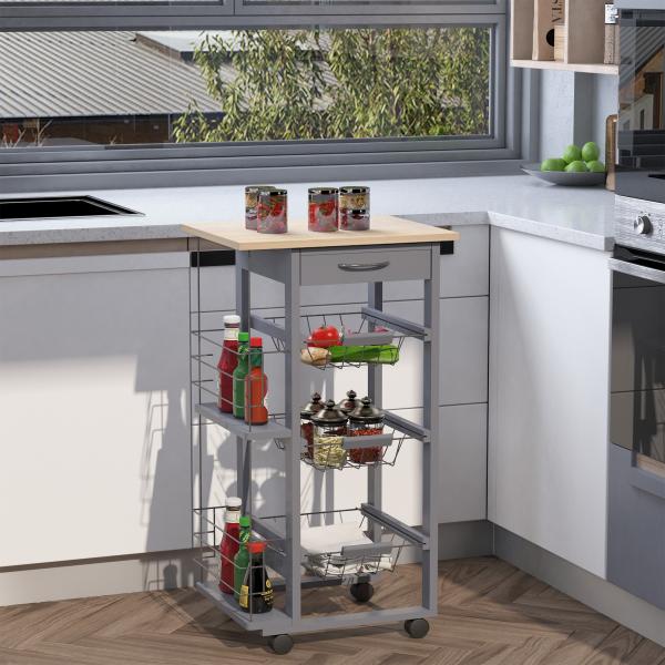 Carrinho Auxiliar com Rodas Carrinho de Cozinha com 3 Cestos Metálicos Gaveta 2 Suportes 47x37x83 cm Cinzento