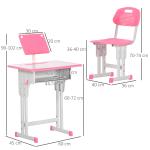 Conjunto de Secretária e Cadeira para Crianças com Altura Ajustável 1 Gaveta e 1 Prateleira para Livros 60x45x90 - 120 cm Rosa