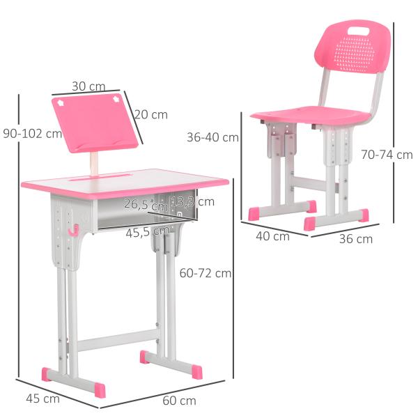 Conjunto de Secretária e Cadeira para Crianças com Altura Ajustável 1 Gaveta e 1 Prateleira para Livros 60x45x90 - 120 cm Rosa