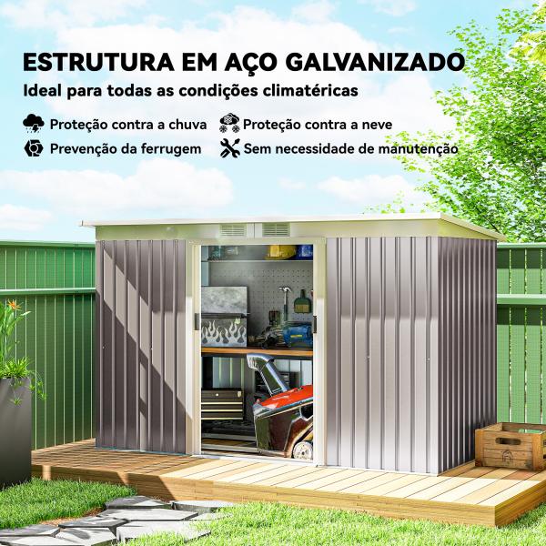 Abrigo de Jardim 280x130x172 cm Abrigo de Exterior de Aço Galvanizado com Porta Corredeira e Ventilações Cinza