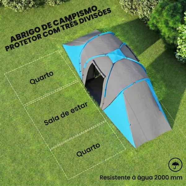 Tenda de Campismo Familiar para 4 - 6 Pessoas com 2 Dormitórios Impermeável 3000 mm com Bolsa 555x225x190 cm Cinza e Azul