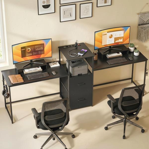 Mesa Gaming Dupla de 244 cm com Estação de Carga Portos USB Suportes para Monitor Gavetas de Tecido Preto