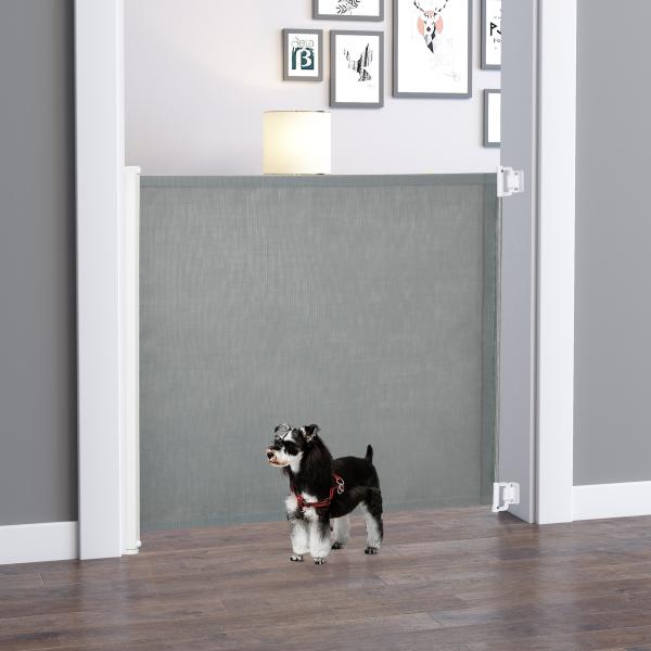 Barreira de Segurança para Cães Extensível Grade Retrátil para Animais de Estimação com Extensão Aço e Tecido de Textilene para Escadas e Portas 5,5 - 115x5,5x82,5cm Cinza