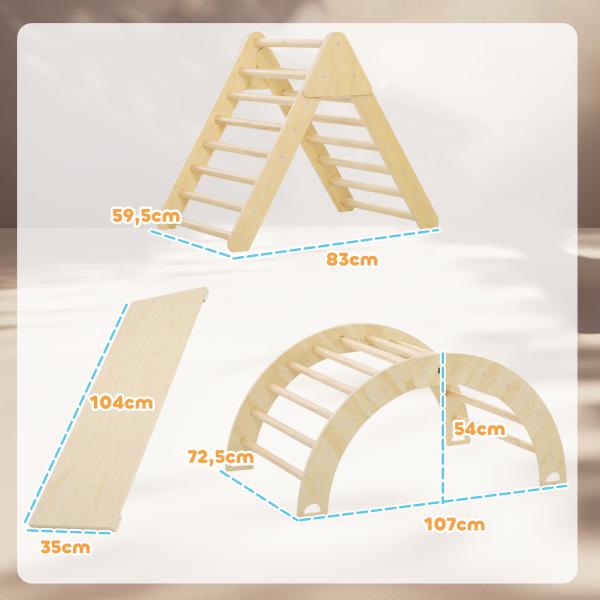 Triangulo de Escalada de Madeira Escalada para Crianças de 18 - 48 Meses com Rampa e Arco de Aprendizagem 219x72,5x68,5 cm Madeira
