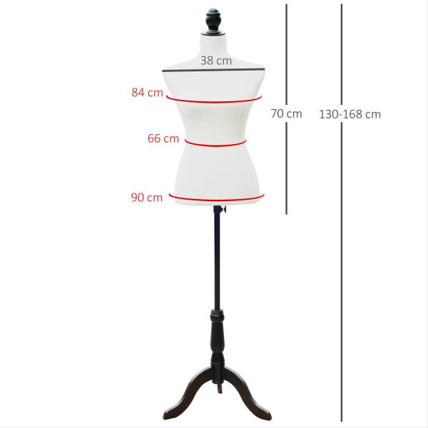 Manequim de Costura Feminino Manequim de Costura Ajustável a 130 - 168 cm com Tripé de Madeira Branco