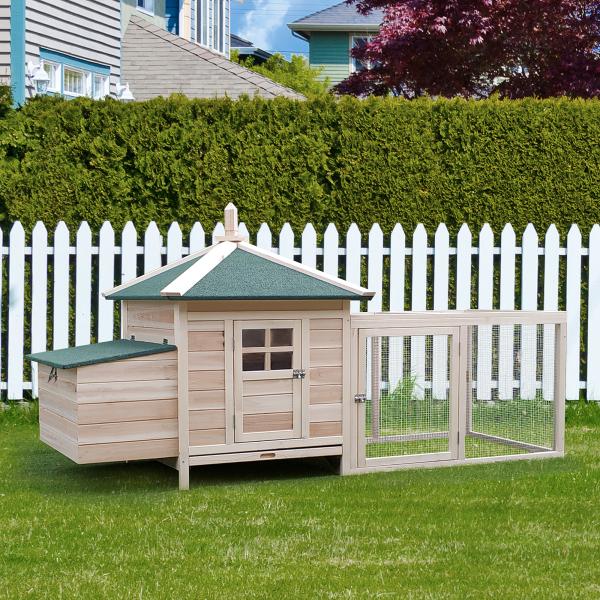 Galinheiro de Madeira de Abeto para Galinhas Exterior com Caixa Ninho Bandeja Removível e Espaço para Correr 196x76x97 cm Natural