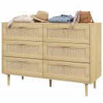 Cómoda para Quarto com 6 Gavetas e Frontal de Vime Pés de Madeira Estilo Bohemio 110x40x75 cm Madeira