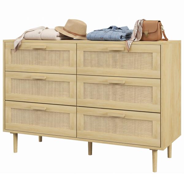 Cómoda para Quarto com 6 Gavetas e Frontal de Vime Pés de Madeira Estilo Bohemio 110x40x75 cm Madeira