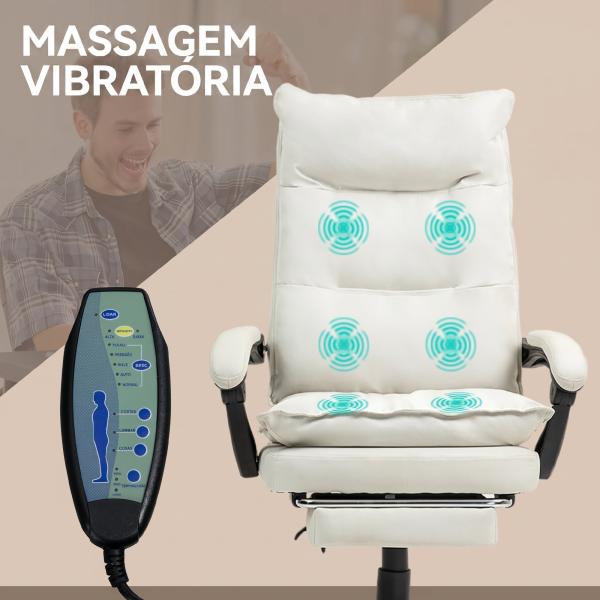 Cadeira de Secretária com Massagem, Altura Ajustável, Encosto Reclinável, Apoio para os Pés e Rotação 360°, Creme
