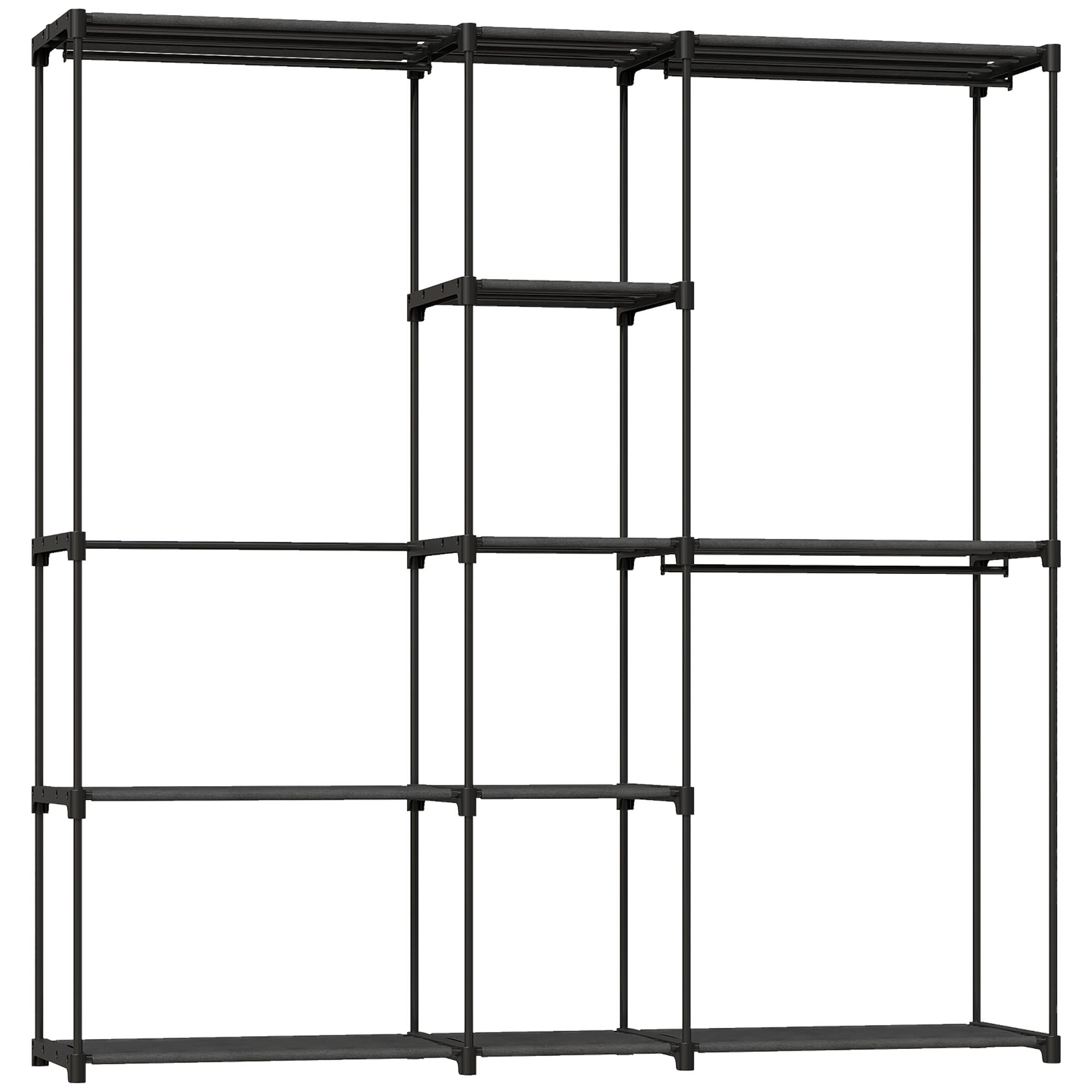 Armário para Roupas 182x43x185 cm Armário Aberto com 8 Prateleiras de Tecido Barras para Pendurar 182x43x185 cm Preto