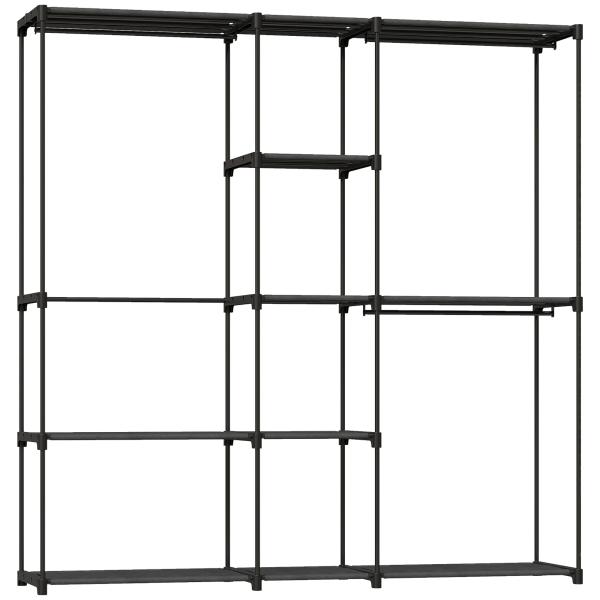Armário para Roupas 182x43x185 cm Armário Aberto com 8 Prateleiras de Tecido Barras para Pendurar 182x43x185 cm Preto
