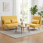 Sofá - Cama Individual Dobrável com Encosto Ajustável em 5 Posições, Sofá - Cama Estofado com Almofada 72x75x85 cm Amarelo