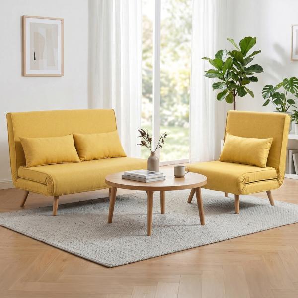 Sofá - Cama Individual Dobrável com Encosto Ajustável em 5 Posições, Sofá - Cama Estofado com Almofada 72x75x85 cm Amarelo